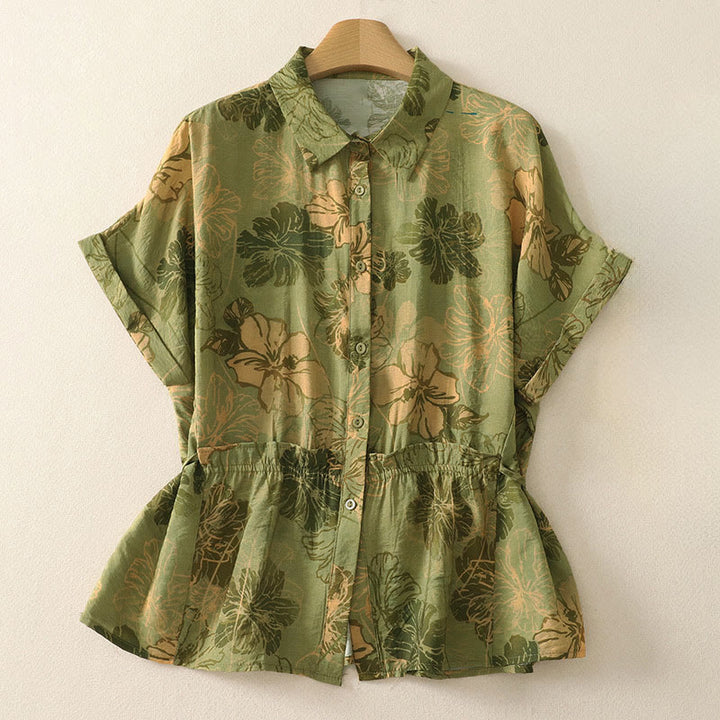 Buddha Stones Summer Boho Button-Up Floral Women's Short Sleeve Shirts - YellowGreen - US8-10, UK/AU12-14, EU40-42 (2XL) - image 0
