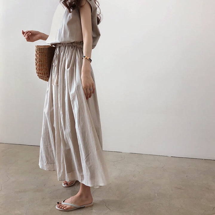 Buddha Stones Casual Eastic Waist Drawstring Design Short Sleeve Midi Dress - image 1