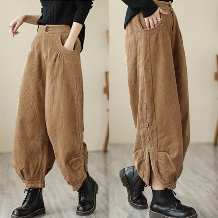 Buddha Stones Casual Buttons Leg Opening Design Women's Corduroy Pants With Pockets - image 3