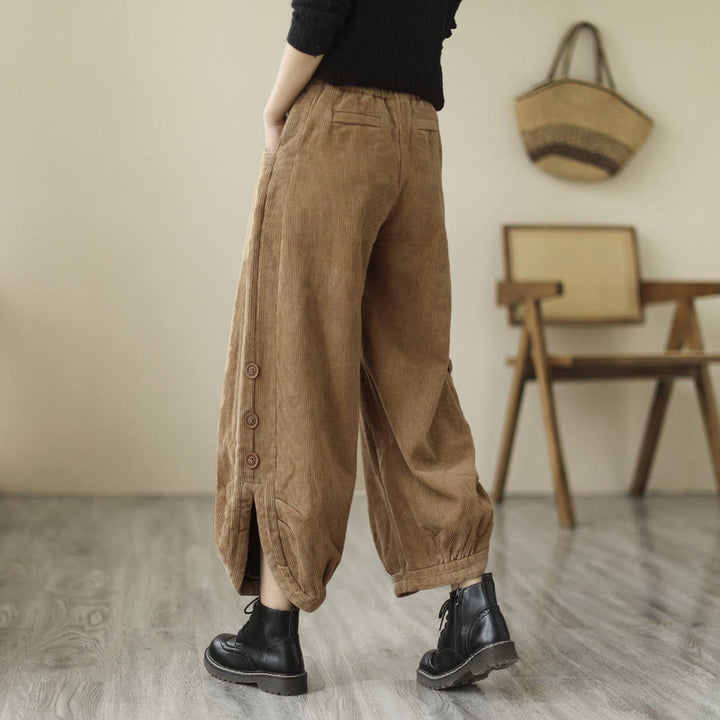 Buddha Stones Casual Buttons Leg Opening Design Women's Corduroy Pants With Pockets - image 2