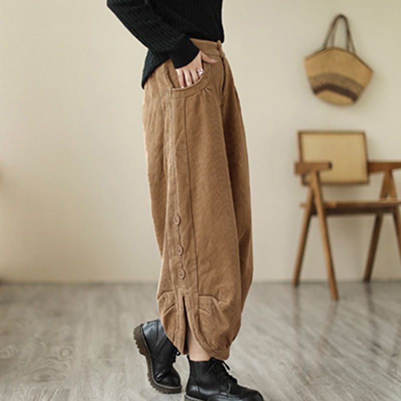 Buddha Stones Casual Buttons Leg Opening Design Women's Corduroy Pants With Pockets - image 1