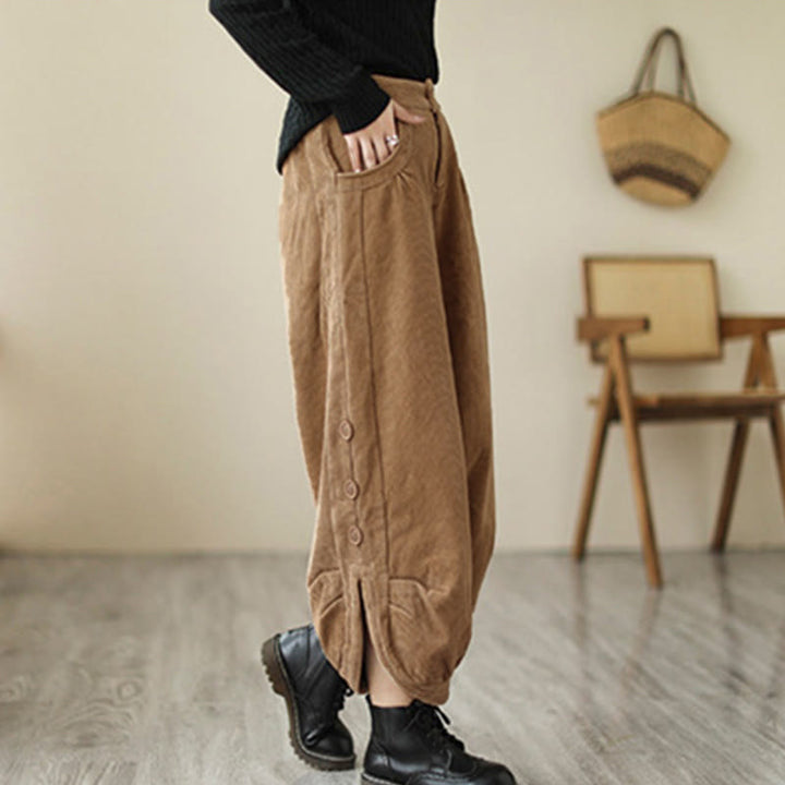 Buddha Stones Casual Buttons Leg Opening Design Women's Corduroy Pants With Pockets - image 1
