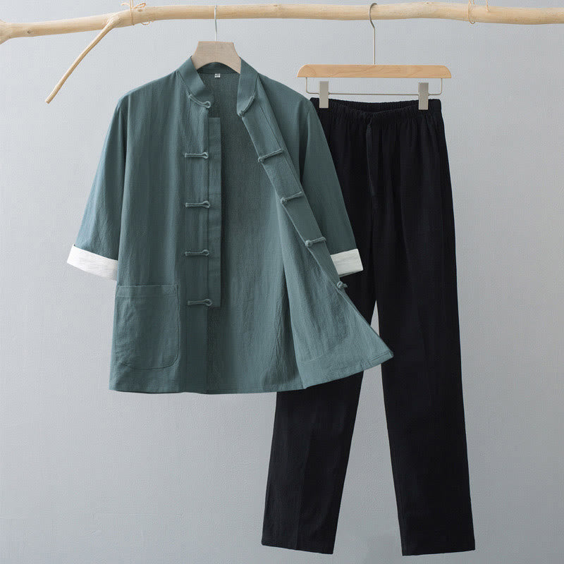Buddha Stones Traditional Frog Tang Suit Half Sleeve Top Pants Clothing Men's Set - Green Top&Black Pants - US/UK/AU44，EU54 (4XL)  - image 0