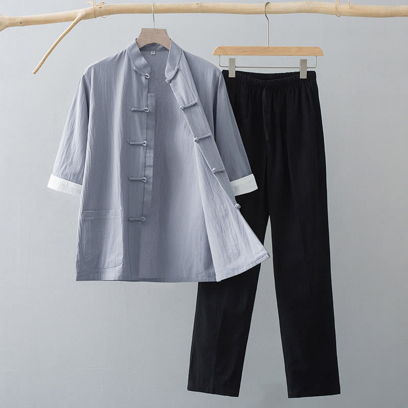 Buddha Stones Traditional Frog Tang Suit Half Sleeve Top Pants Clothing Men's Set - Gray Top&Black Pants - US/UK/AU44，EU54 (4XL)  - image 6