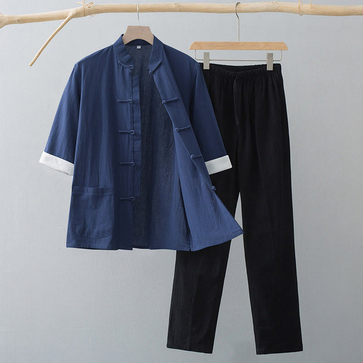 Buddha Stones Traditional Frog Tang Suit Half Sleeve Top Pants Clothing Men's Set - Navy Blue Top&Black Pants - US/UK/AU44，EU54 (4XL)  - image 7