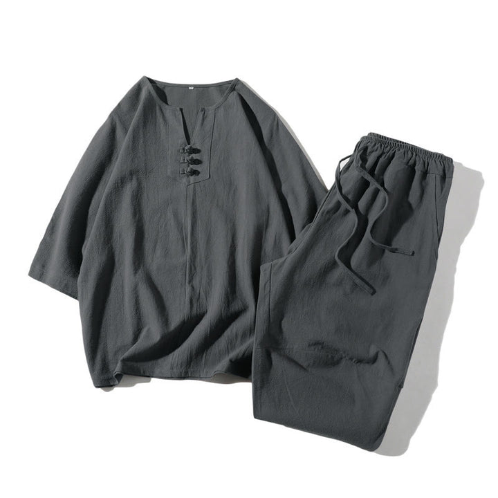 Buddha Stones 2Pcs Plain Notched Collar T-Shirt Wide Leg Shorts With Pockets Men's Meditation Cloth Set - SlateGray - US/UK/AU46，EU56 (5XL) - image 0