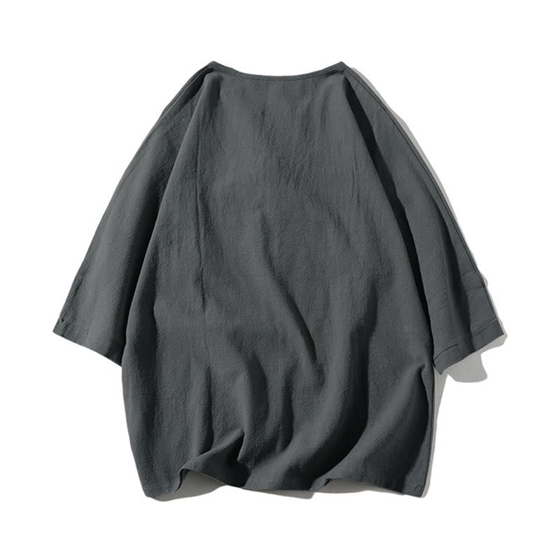 Buddha Stones 2Pcs Plain Notched Collar T-Shirt Wide Leg Shorts With Pockets Men's Meditation Cloth Set - image 2