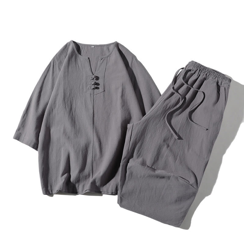 Buddha Stones 2Pcs Plain Notched Collar T-Shirt Wide Leg Shorts With Pockets Men's Meditation Cloth Set - Silver - US/UK/AU46，EU56 (5XL) - image 20