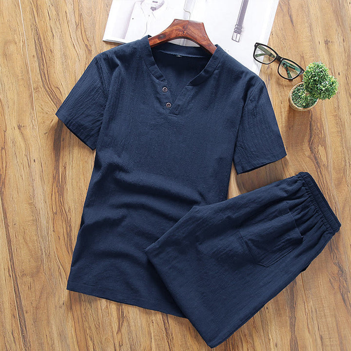 Buddha Stones Casual 2Pcs Plain Sleeve T-Shirt Shorts With Pockets Cotton Linen Men's Meditation Cloth Set - MidnightBlue - US/UK/AU46，EU56 (5XL) - image 7