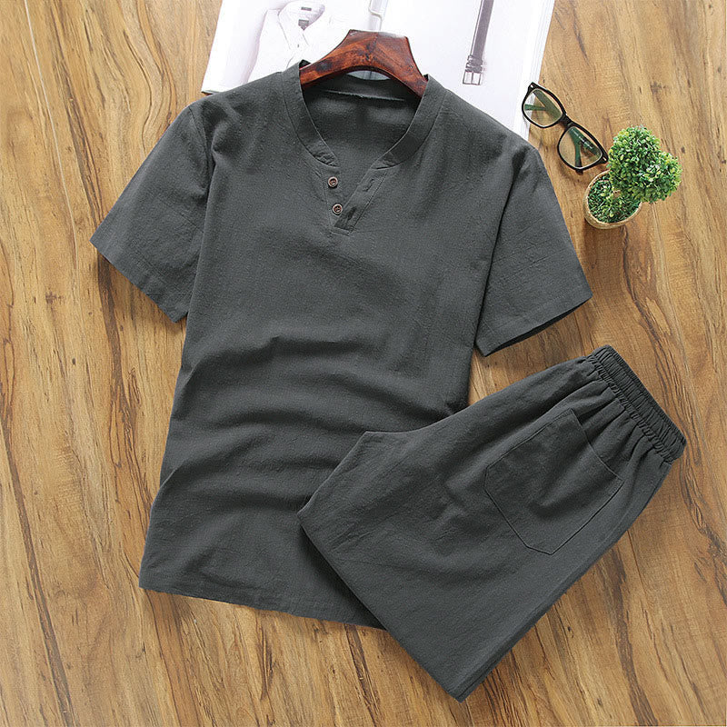 Buddha Stones Casual 2Pcs Plain Sleeve T-Shirt Shorts With Pockets Men's Meditation Cloth Set - DimGray - US/UK/AU46，EU56 (5XL) - image 5