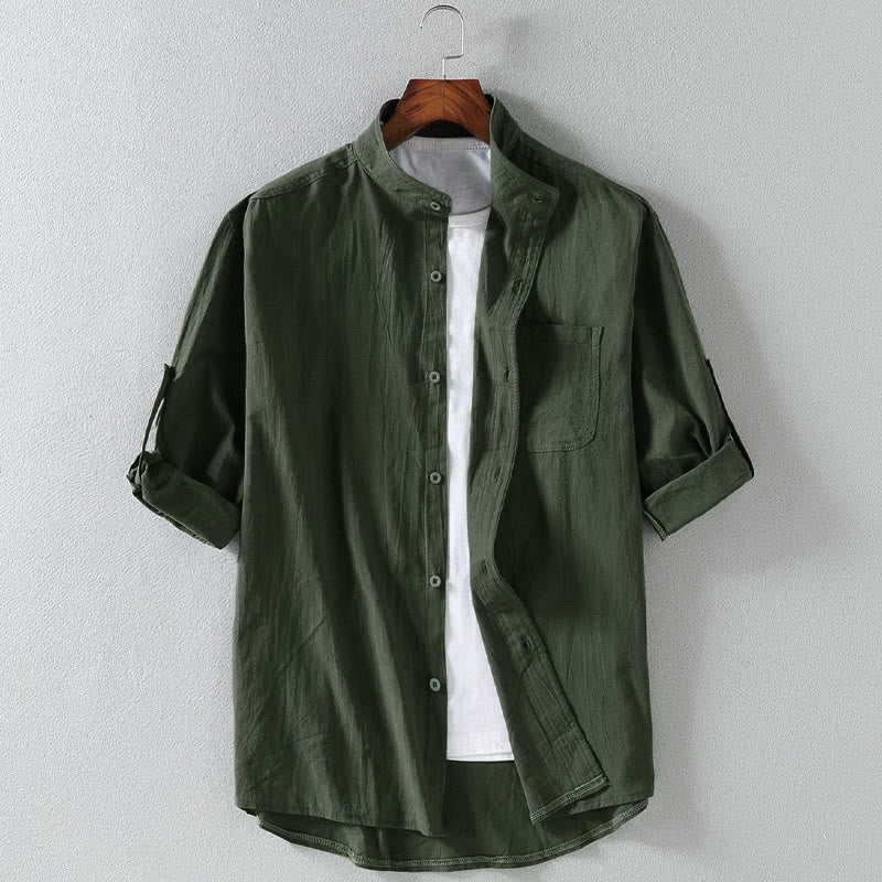 Buddha Stones Vintage Casual Plain Single Breasted Three Quarter Sleeve Men's  Shirt With Pocket - DarkGreen - US/UK/AU46，EU56 (5XL) - image 0