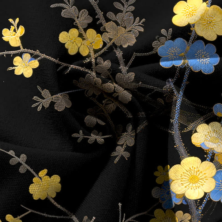 Buddha Stones Cotton Linen Vintage Yellow Floral Pattern Women's Elastic Waist Wide Leg Pants With Pockets - image 3