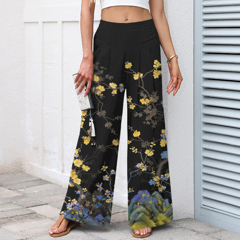 Buddha Stones Cotton Linen Vintage Yellow Floral Pattern Women's Elastic Waist Wide Leg Pants With Pockets - image 1