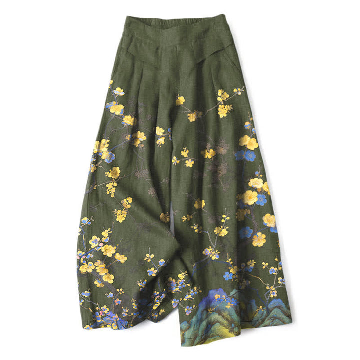 Buddha Stones Cotton Linen Vintage Yellow Floral Pattern Women's Elastic Waist Wide Leg Pants With Pockets - DarkOliveGreen - US16，UK/AU20，EU48 (3XL) - image 4
