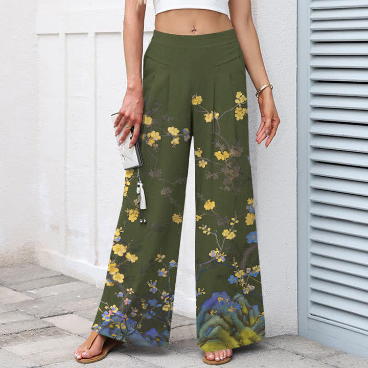 Buddha Stones Cotton Linen Vintage Yellow Floral Pattern Women's Elastic Waist Wide Leg Pants With Pockets - image 5