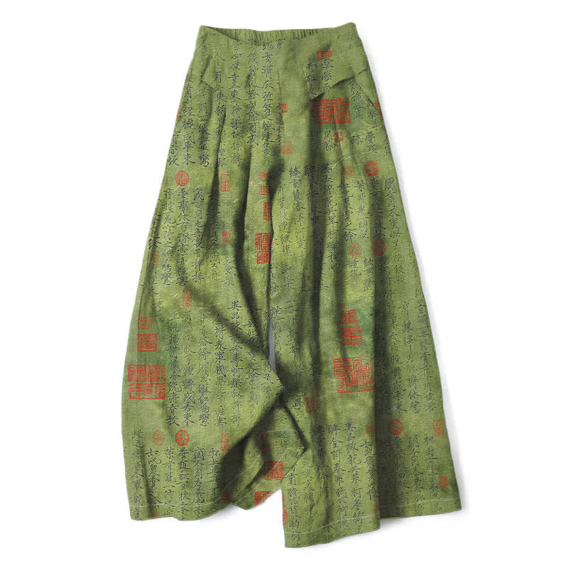 Buddha Stones Cotton Linen Vintage Script Pattern Women's Elastic Waist Wide Leg Pants With Pockets - OliveDrab - US16，UK/AU20，EU48 (3XL) - image 0