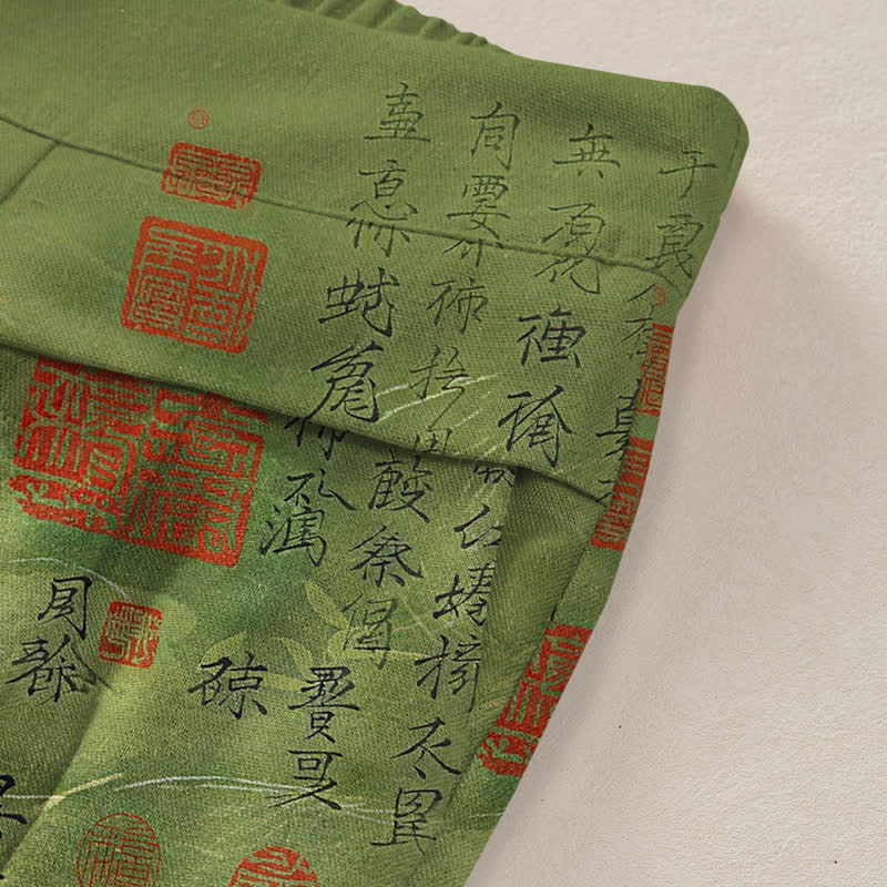 Buddha Stones Cotton Linen Vintage Script Pattern Women's Elastic Waist Wide Leg Pants With Pockets - image 2