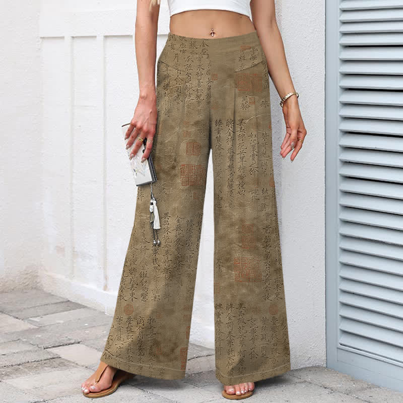 Buddha Stones Cotton Linen Vintage Script Pattern Women's Elastic Waist Wide Leg Pants With Pockets - image 5