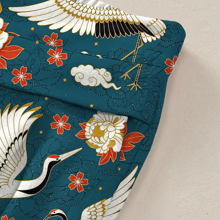 Buddha Stones Cotton Linen Crane Blossom Pattern Women's Elastic Waist Wide Leg Pants With Pockets - image 2
