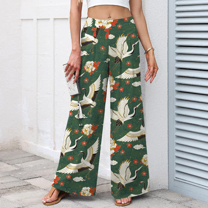 Buddha Stones Cotton Linen Crane Blossom Pattern Women's Elastic Waist Wide Leg Pants With Pockets - image 5