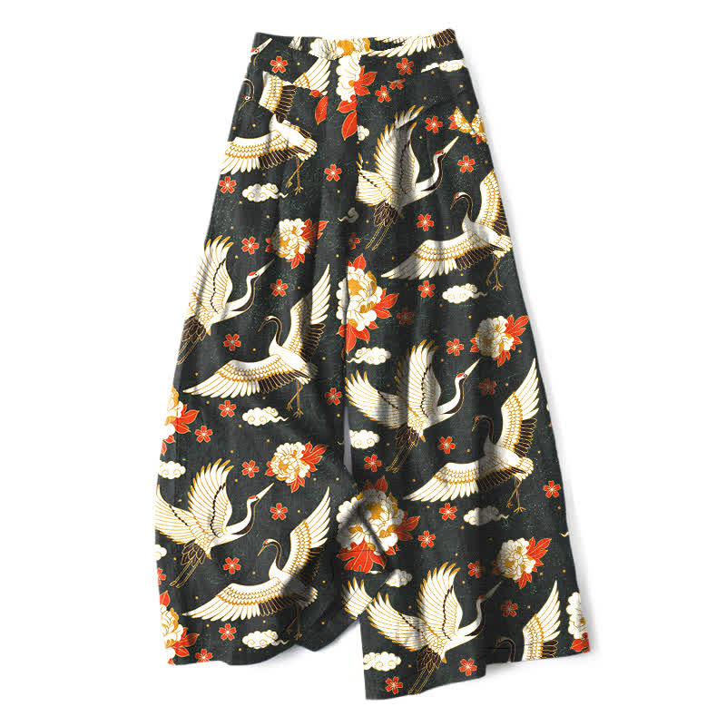 Buddha Stones Cotton Linen Crane Blossom Pattern Women's Elastic Waist Wide Leg Pants With Pockets - Black - US16，UK/AU20，EU48 (3XL) - image 6