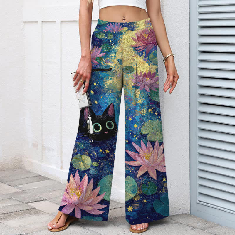 Buddha Stones Cotton Linen Celestial Floral Cat Lotus Pattern Women's Elastic Waist Wide Leg Pants With Pockets - image 1