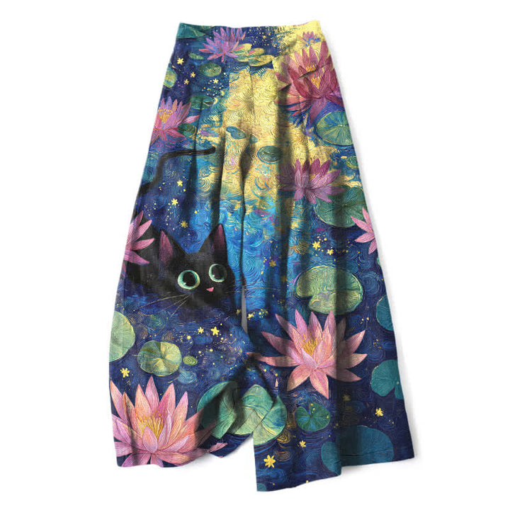 Buddha Stones Cotton Linen Celestial Floral Cat Lotus Pattern Women's Elastic Waist Wide Leg Pants With Pockets - Navy - US16，UK/AU20，EU48 (3XL) - image 0