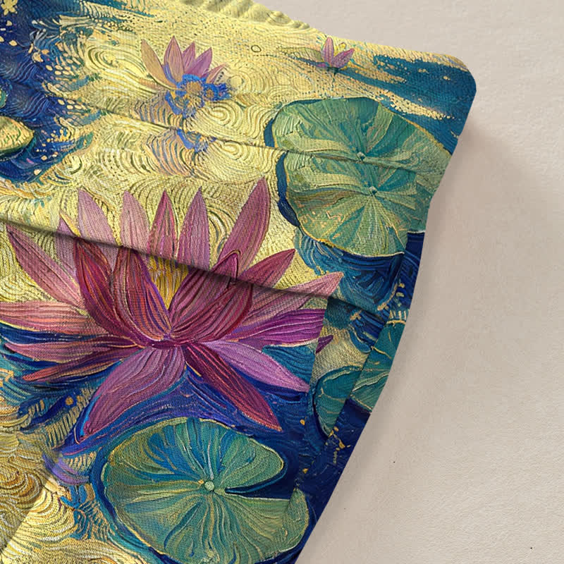 Buddha Stones Cotton Linen Celestial Floral Cat Lotus Pattern Women's Elastic Waist Wide Leg Pants With Pockets - image 2