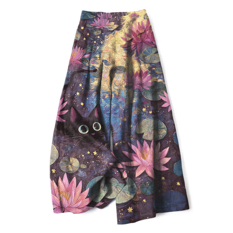 Buddha Stones Cotton Linen Celestial Floral Cat Lotus Pattern Women's Elastic Waist Wide Leg Pants With Pockets - DarkSlateBlue - US16，UK/AU20，EU48 (3XL) - image 4