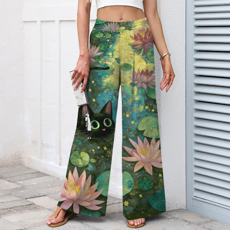 Buddha Stones Cotton Linen Celestial Floral Cat Lotus Pattern Women's Elastic Waist Wide Leg Pants With Pockets - image 7