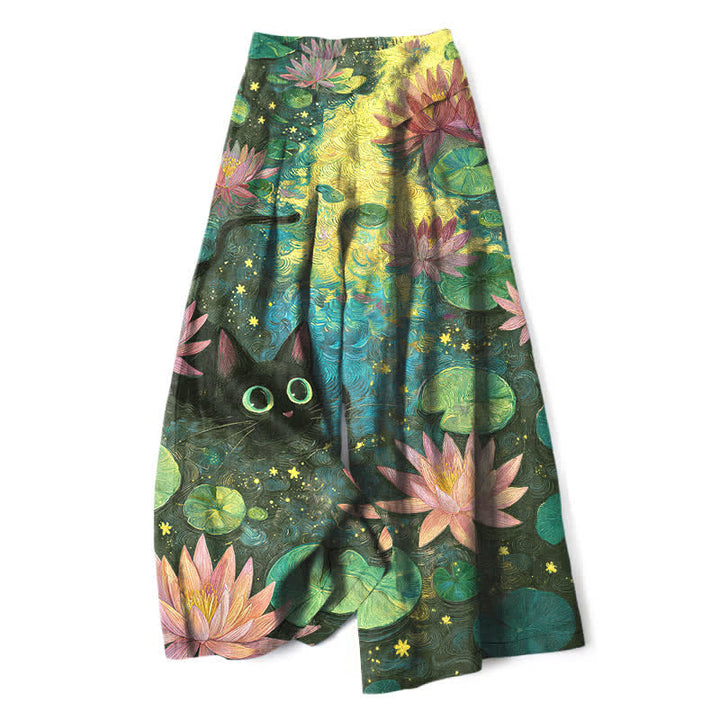 Buddha Stones Cotton Linen Celestial Floral Cat Lotus Pattern Women's Elastic Waist Wide Leg Pants With Pockets - DarkOliveGreen - US16，UK/AU20，EU48 (3XL) - image 6