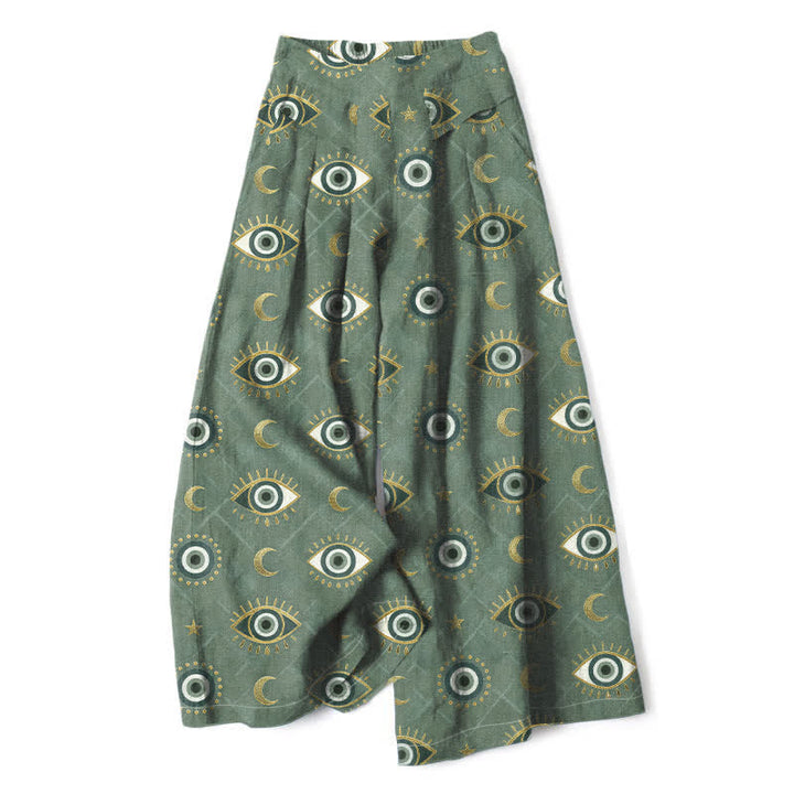 Buddha Stones Cotton Linen Evil Eye Moon Pattern Women's Elastic Waist Wide Leg Pants With Pockets - DarkOliveGreen - US16，UK/AU20，EU48 (3XL) - image 0