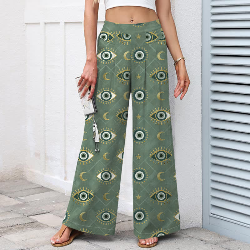 Buddha Stones Cotton Linen Evil Eye Moon Pattern Women's Elastic Waist Wide Leg Pants With Pockets - image 1