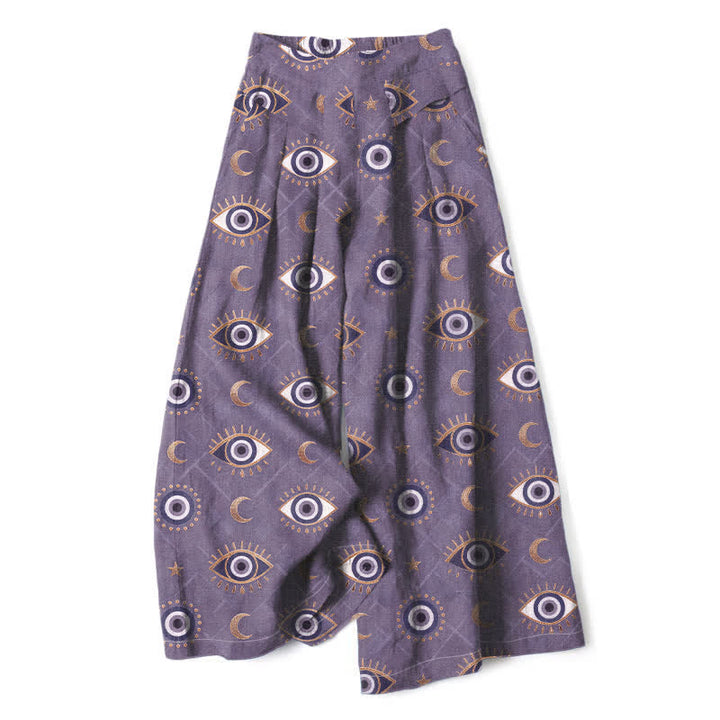 Buddha Stones Cotton Linen Evil Eye Moon Pattern Women's Elastic Waist Wide Leg Pants With Pockets - MediumPurple - US16，UK/AU20，EU48 (3XL) - image 4