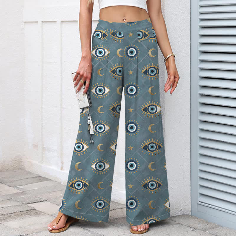 Buddha Stones Cotton Linen Evil Eye Moon Pattern Women's Elastic Waist Wide Leg Pants With Pockets - image 7