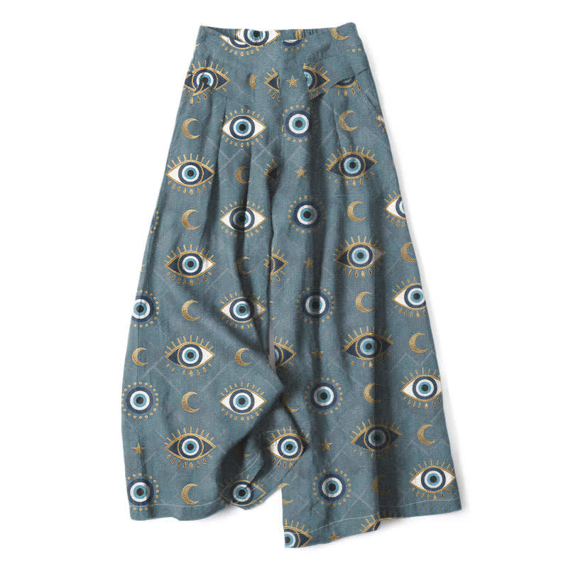 Buddha Stones Cotton Linen Evil Eye Moon Pattern Women's Elastic Waist Wide Leg Pants With Pockets - LightSteelBlue - US16，UK/AU20，EU48 (3XL) - image 6