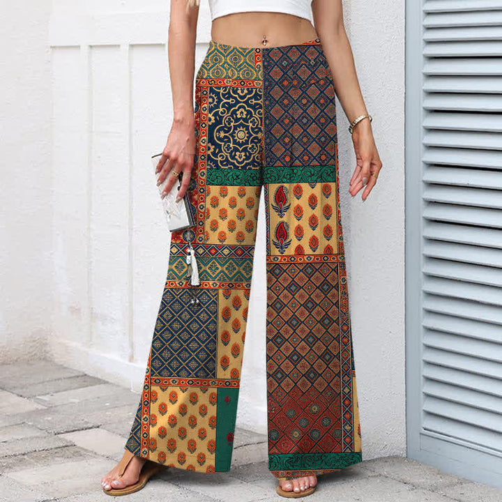 Buddha Stones Cotton Linen Vintage Floral Pattern Women's Elastic Waist Wide Leg Pants With Pockets - image 1