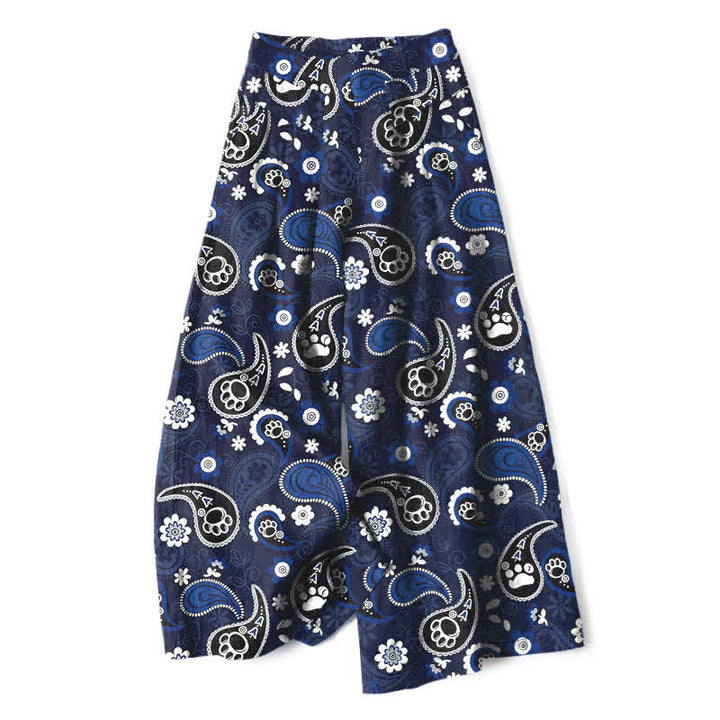 Buddha Stones Cotton Linen Vintage Paisley Floral Pattern Women's Elastic Waist Wide Leg Pants With Pockets - Navy - US16，UK/AU20，EU48 (3XL) - image 0