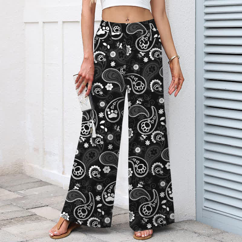 Buddha Stones Cotton Linen Vintage Paisley Floral Pattern Women's Elastic Waist Wide Leg Pants With Pockets - image 5