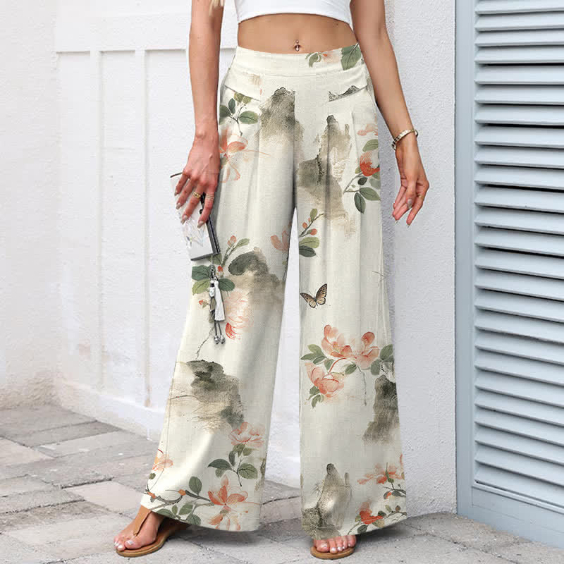 Buddha Stones Cotton Linen Vintage Floral Pattern Women's Elastic Waist Wide Leg Pants With Pockets - image 1