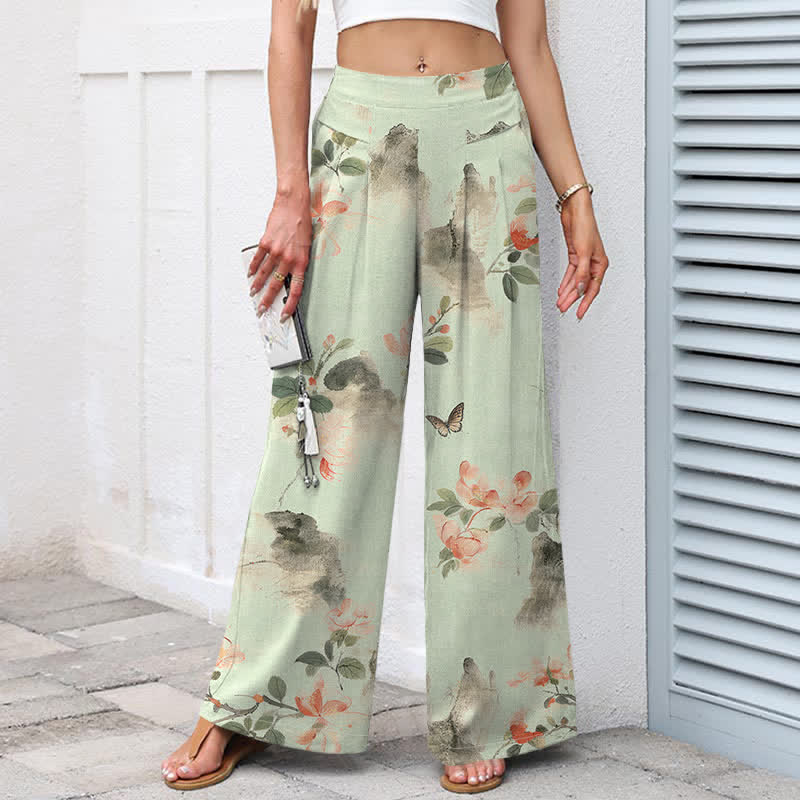 Buddha Stones Cotton Linen Vintage Floral Pattern Women's Elastic Waist Wide Leg Pants With Pockets - image 7