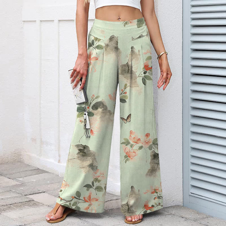 Buddha Stones Cotton Linen Vintage Floral Pattern Women's Elastic Waist Wide Leg Pants With Pockets - image 7