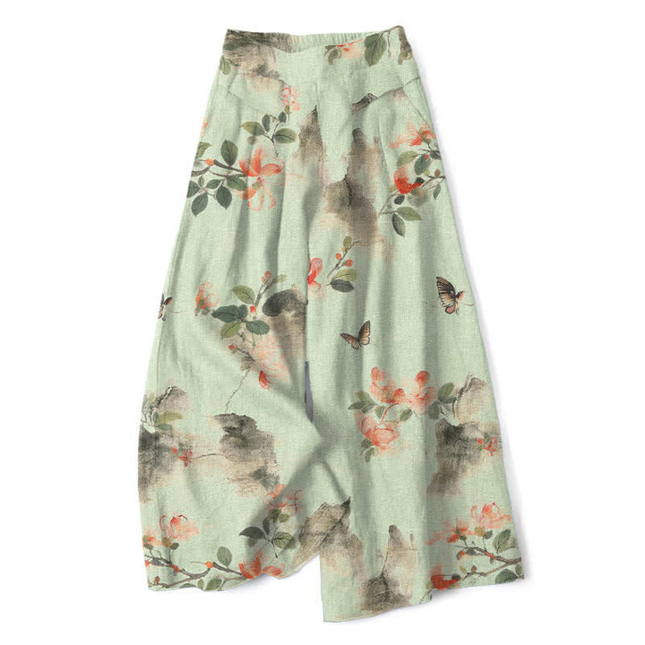 Buddha Stones Cotton Linen Vintage Floral Pattern Women's Elastic Waist Wide Leg Pants With Pockets - Honeydew - US16，UK/AU20，EU48 (3XL) - image 6