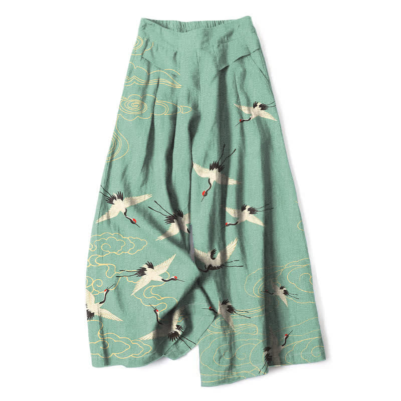 Buddha Stones Cotton Linen Vintage Crane Cloud Pattern Women's Elastic Waist Wide Leg Pants With Pockets - MediumAquamarine - US16，UK/AU20，EU48 (3XL) - image 0