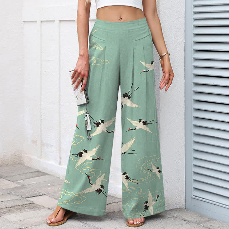 Buddha Stones Cotton Linen Vintage Crane Cloud Pattern Women's Elastic Waist Wide Leg Pants With Pockets - image 1