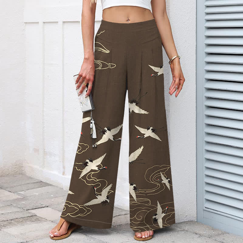 Buddha Stones Cotton Linen Vintage Crane Cloud Pattern Women's Elastic Waist Wide Leg Pants With Pockets - image 5