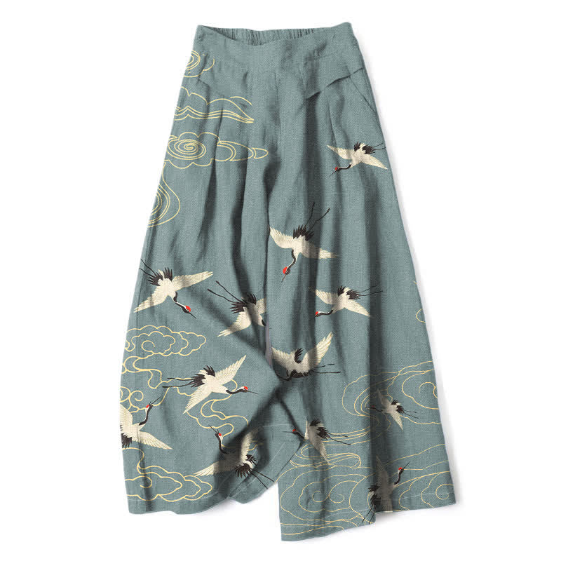 Buddha Stones Cotton Linen Vintage Crane Cloud Pattern Women's Elastic Waist Wide Leg Pants With Pockets - SlateGray - US16，UK/AU20，EU48 (3XL) - image 6