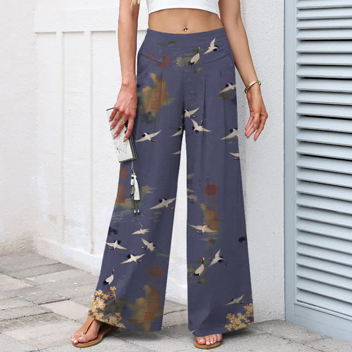 Buddha Stones Cotton Linen White Crane Floral Pattern Women's Elastic Waist Wide Leg Pants With Pockets - image 5