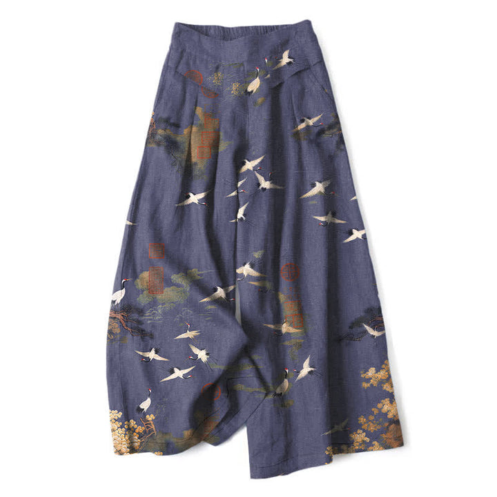 Buddha Stones Cotton Linen White Crane Floral Pattern Women's Elastic Waist Wide Leg Pants With Pockets - MediumPurple - US16，UK/AU20，EU48 (3XL) - image 4