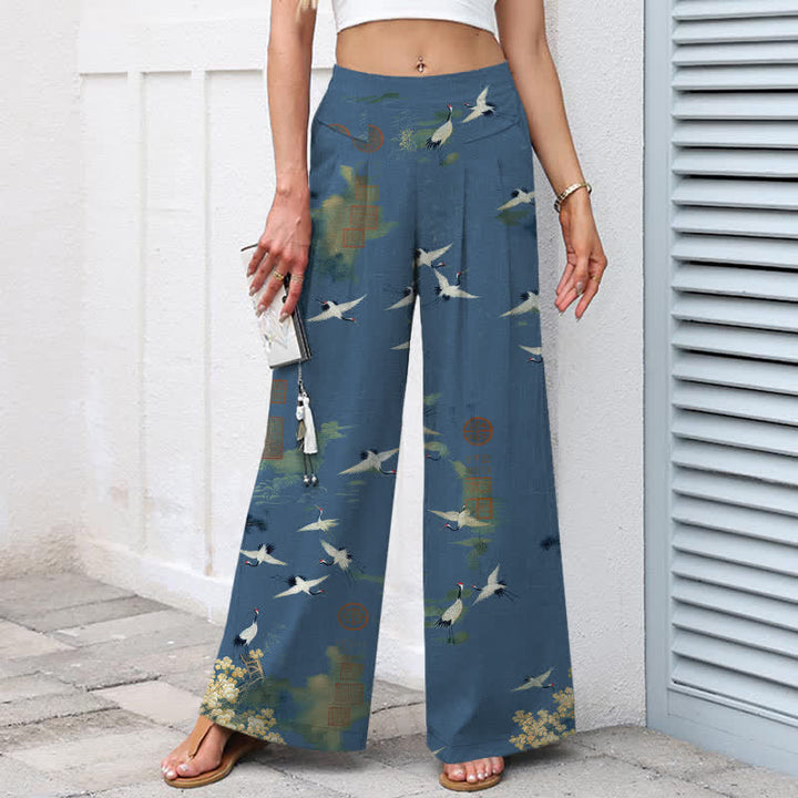 Buddha Stones Cotton Linen White Crane Floral Pattern Women's Elastic Waist Wide Leg Pants With Pockets - image 7